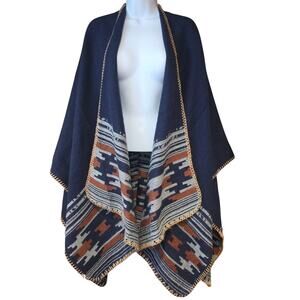 Navy soft knit open navy color block, side length poncho  OS